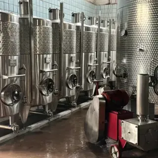 Inside the barrel room with oak aging barrels
